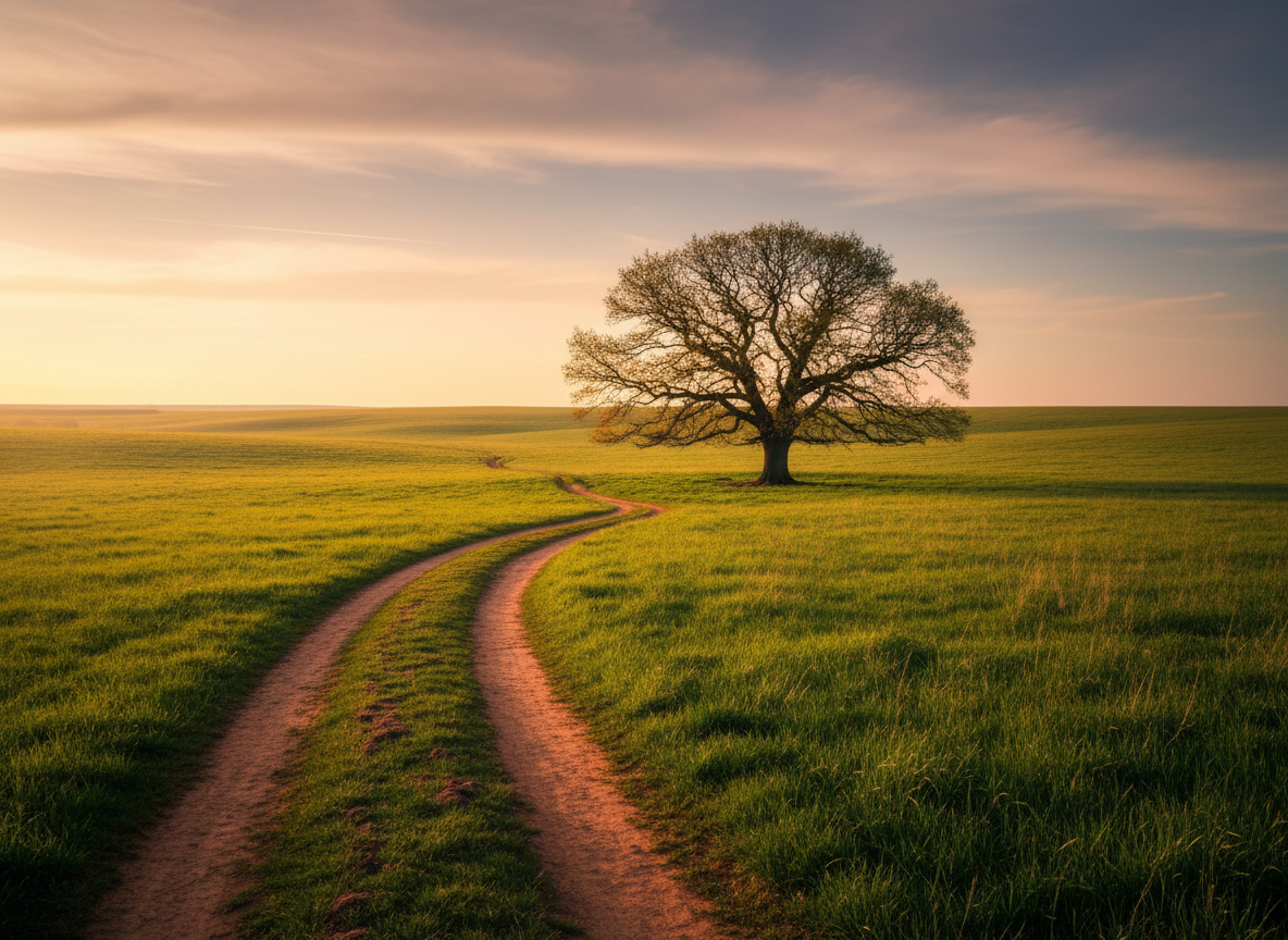 Wide cinematic landscape shot from a distance: a single old tree, small in the frame, standing in an open meadow or field. A clearly visible winding dirt path curves gently through the foreground and leads toward the tree. Soft golden hour light, rich greens and warm earth tones, deep natural shadows, ultra-realistic photography, calm and timeless. No people, no buildings, no medical elements. Abundant negative space in the sky area for white text overlay.